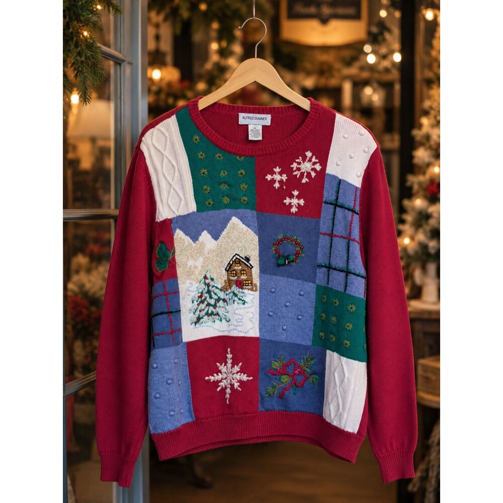 Vintage Alfred Dunner Christmas Cottage Sweater XL Embroidered Holiday Knit